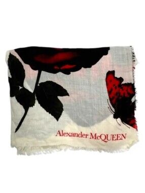 Alexander McQueen Butterfly & Rose PrintShawl 100% Cashmere 一188x134 Cm